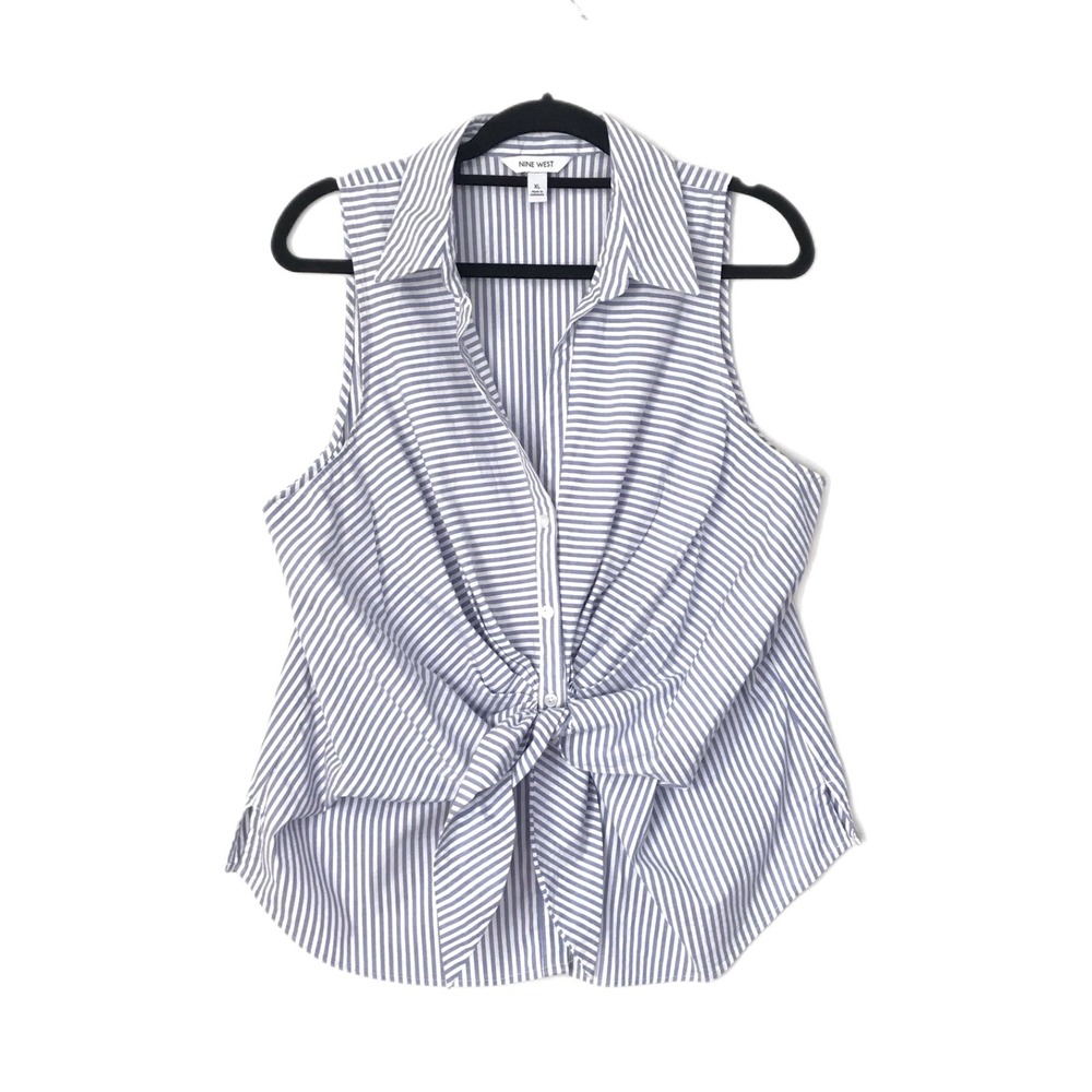 Nine West Sleeveless Blouse Women's Size XL Nautical Tie Front Collar Preppy